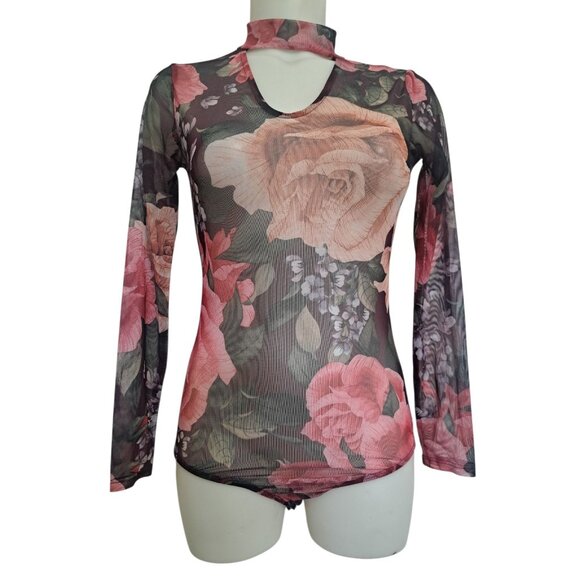 Y2K Womens Floral Mesh Sheer Bodysuit S Long Sleeve Cutout Mock Neck Unbranded - Picture 1 of 12